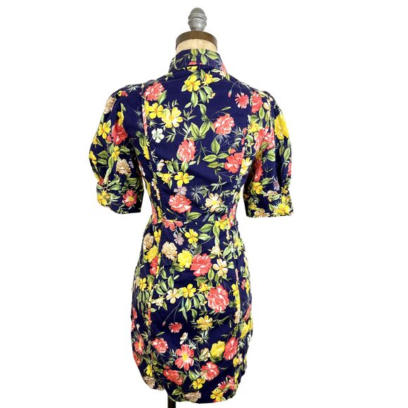 MARISSA WEBB Multi Floral Print Puff Sleeve Dress 4 Navy Woven Colorful EUC B30 - Picture 4 of 6
